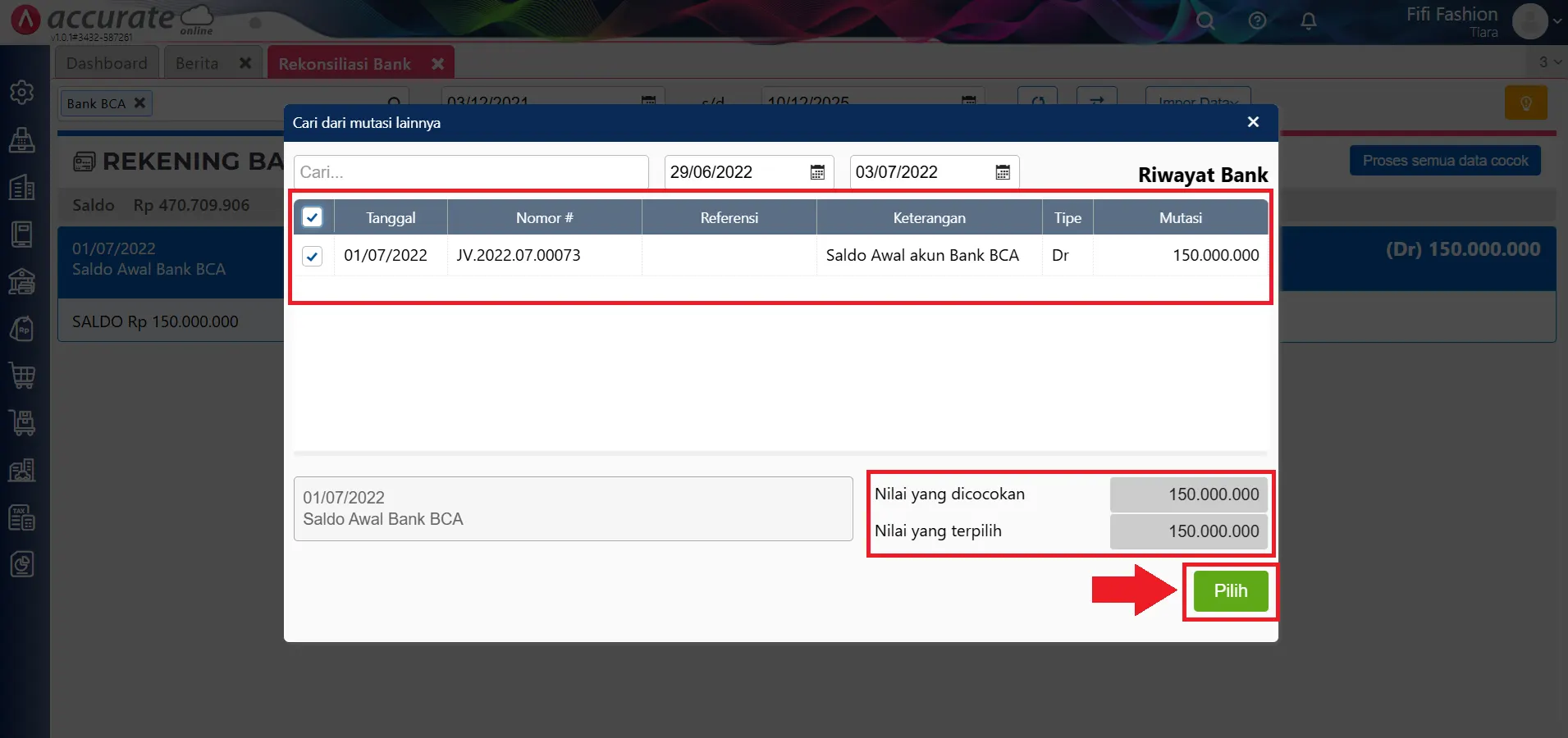 Rekonsiliasi lebih dari 1 mutasi bank yang dicatat dalam 1 transaksi